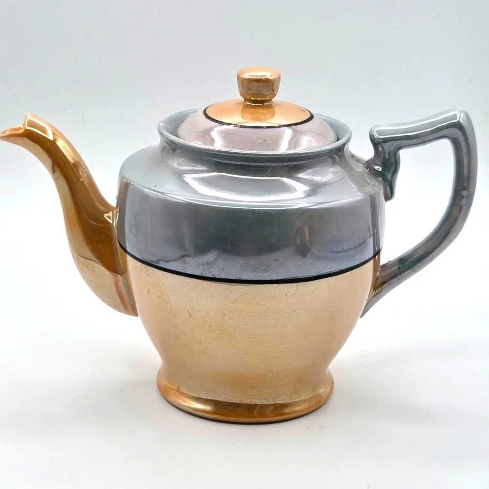 Japanese Lusterware Porcelain‎ Teapot Metallic Copper & Silver Gray Hand Painted